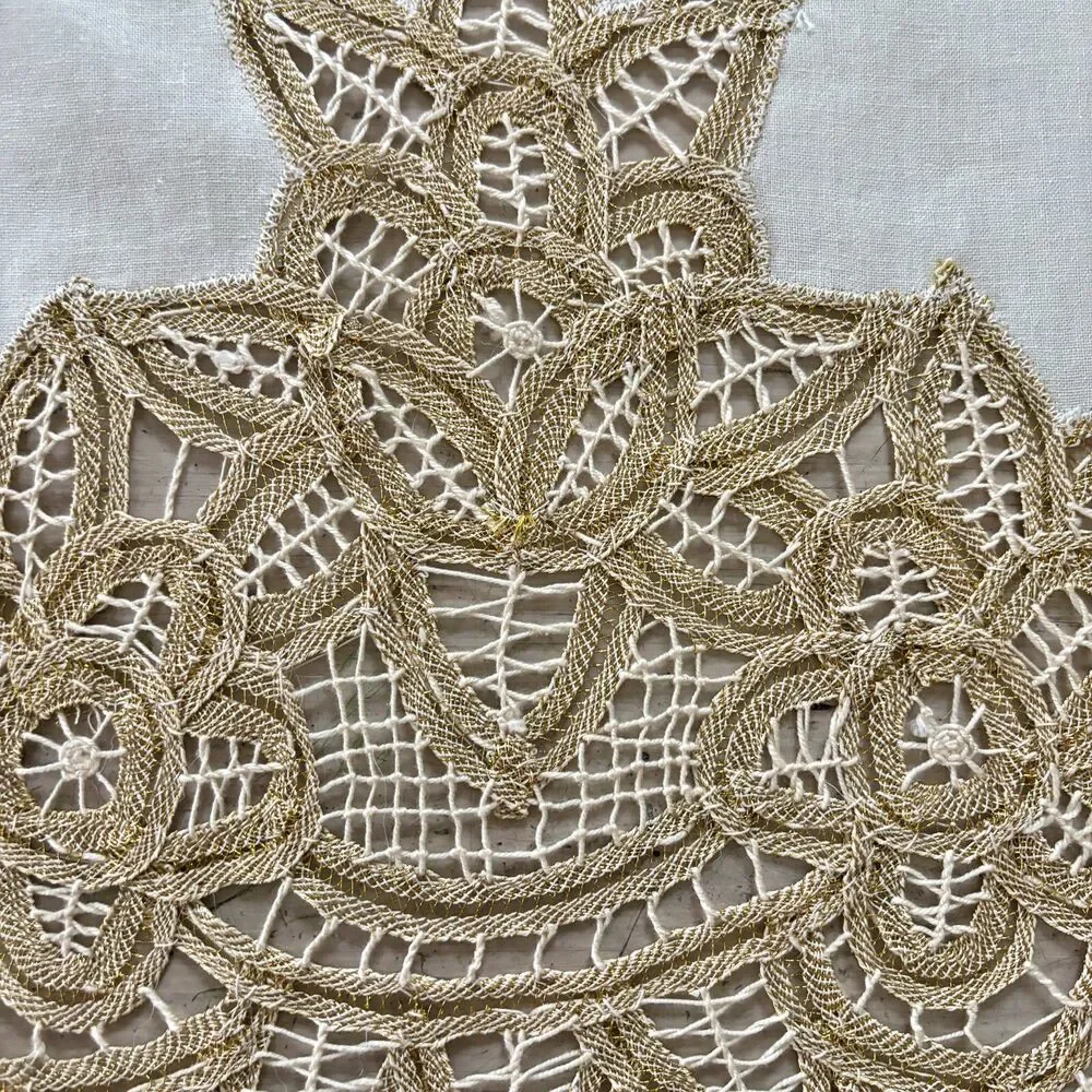 Metallic Gold Battenberg Lace Table Runner 17x60 Christmas Holiday Shabby Decor